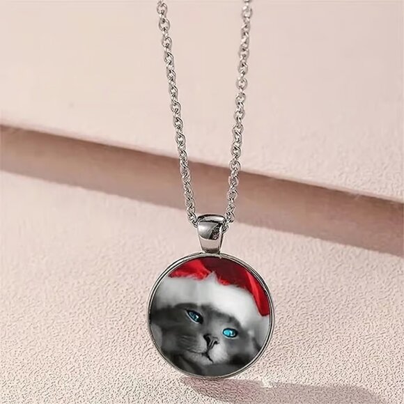 Silver Christmas KITTY CAT Glass Cabochon Pendant Necklace - Picture 2 of 3